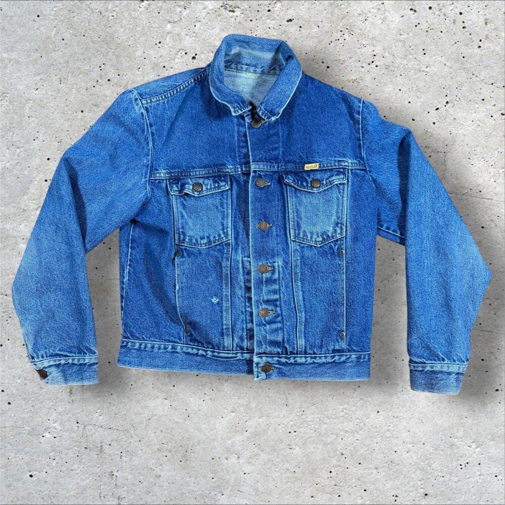 Vintage Rustler Denim Jacket Mens M/L USA Made Faded Blue Trucker Western Cowboy